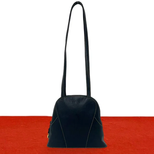 Loewe Vintage Logo Stamp Leather Round Zip Tote Shoulder Bag Navy in Navy Leather from The Reluxe