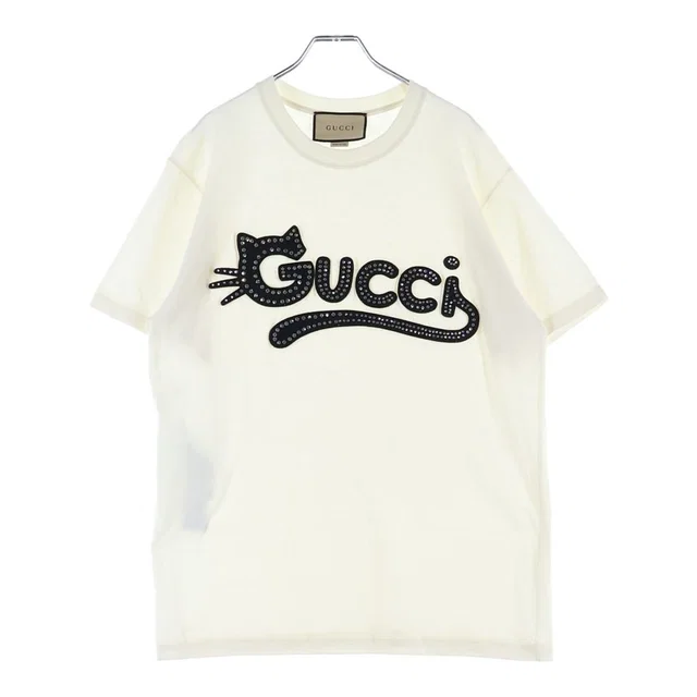 Gucci Cat Logo Short Sleeve Tee T-Shirt Cotton Rhinestone White in White from The Reluxe