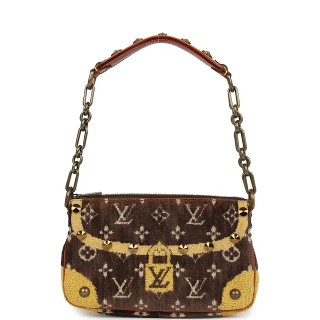 Louis Vuitton Vintage Trompe L'Oeil Pochette Brown, Yellow Velvet Brass Hardware in Brown Velvet from Madison Avenue Couture