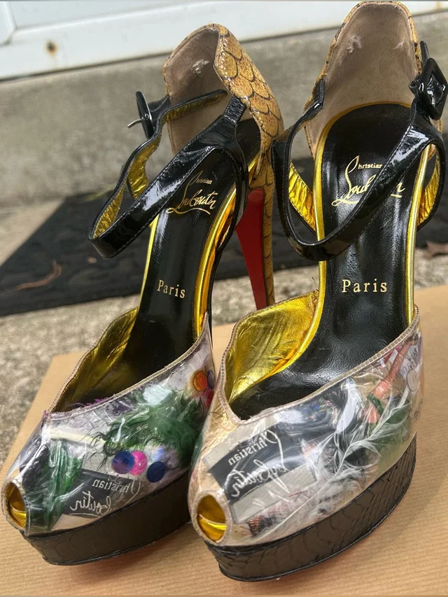 Christian Louboutin Multicolor Peep-Toe Platform Sandals With Black Ankle Straps in black|pink Patent leather from Poshmark
