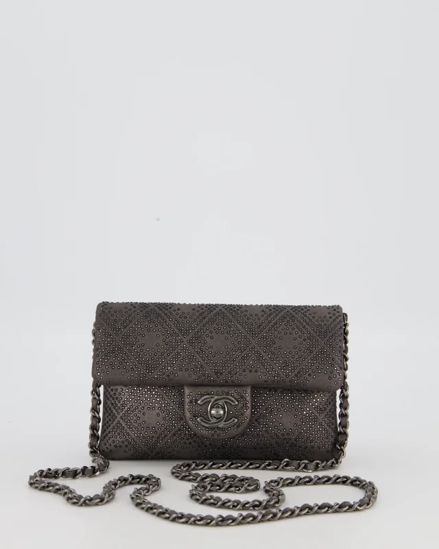 Chanel Grey Embellished Rhinestones Mini Flap Bag in Suede Leather With Gunmetal Hardware in Grey Suede from Sellier, photo 2 of 19