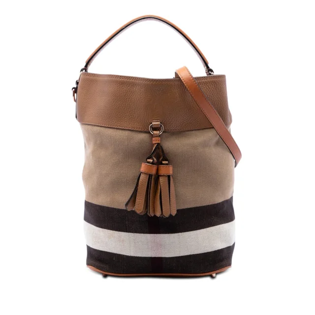 Brown Burberry Medium Mega Check Canvas and Grained Calfskin Ashby Tassel Bucket Bag Satchel in Brown Caviar leather from Designer Revival