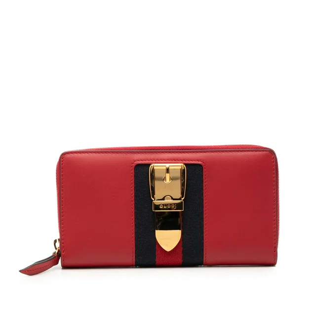 Red Gucci Calfskin Sylvie Zip Around Wallet Long Wallets in Red Calfskin from Designer Revival