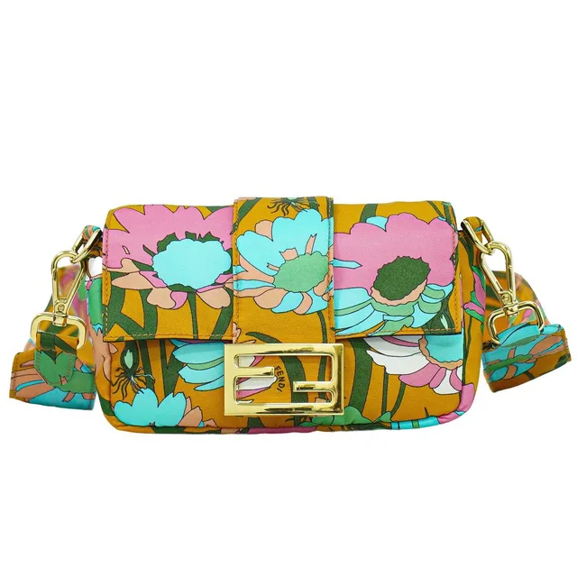 Fendi Baguette Floral Pattern 2-Way Shoulder Bag Nylon Orange Multicolor in Orange Nylon from The Reluxe