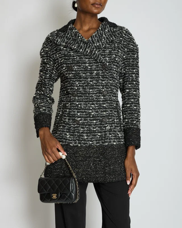 Chanel Black, Grey & White Tweed Double Breasted Jacket with Black CC Logo Buttons Size FR 36 (UK 8) in Black Tweed from Sellier