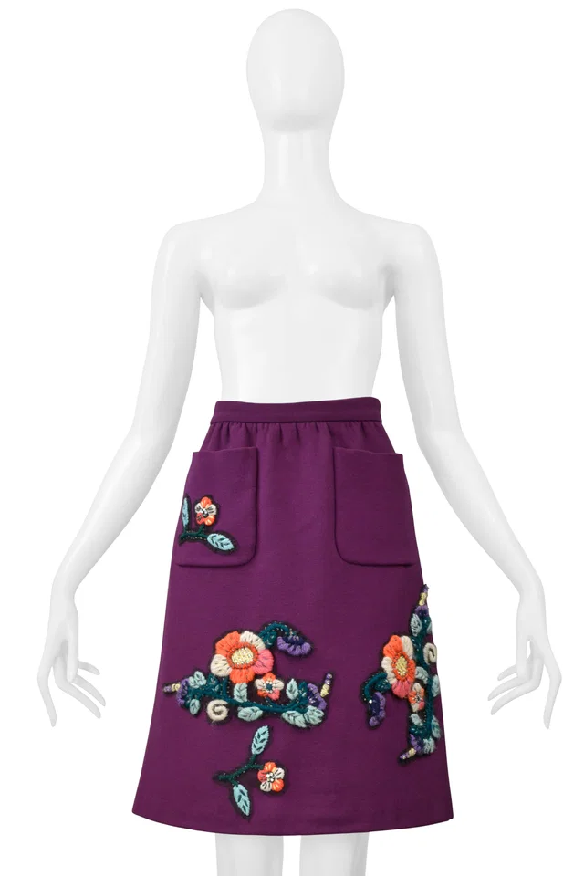 Miu Miu Purple Skirt With Embroidered Flowers & Rhinestones 2005 in Purple Nylon from Resurrection Vintage