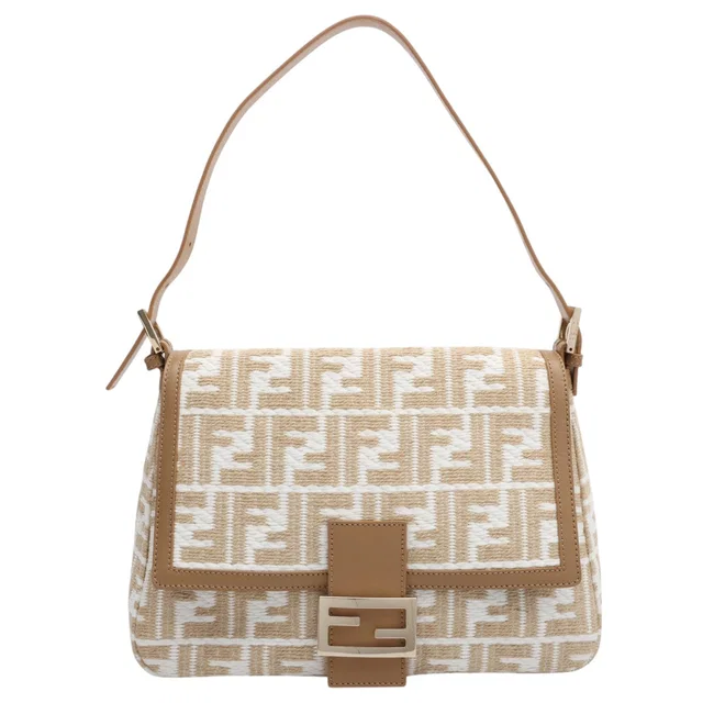 Fendi Raffia FF ZUCCA Pattern Mamma Baguette Beige/Ivory in White Raffia from VINTAGE QOO TOKYO