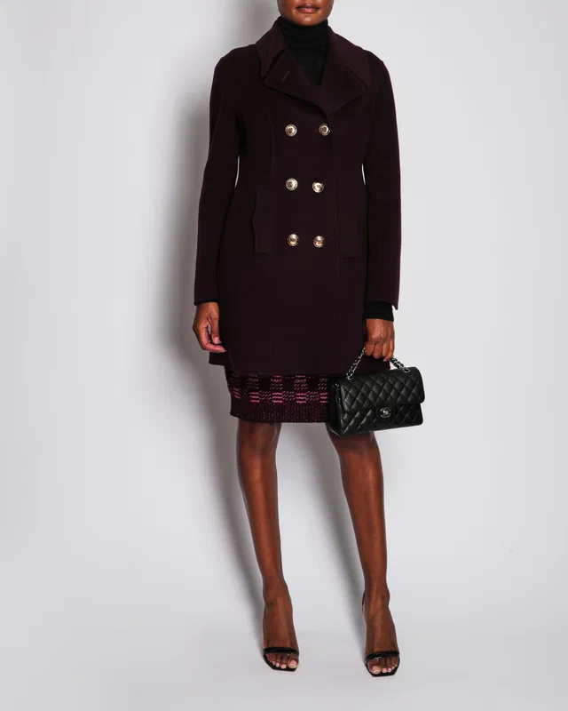 Saint Laurent Burgundy Double Breasted Coat With Gold Buttons Size FR 40 (UK 12) in Burgundy Cashmere from Sellier