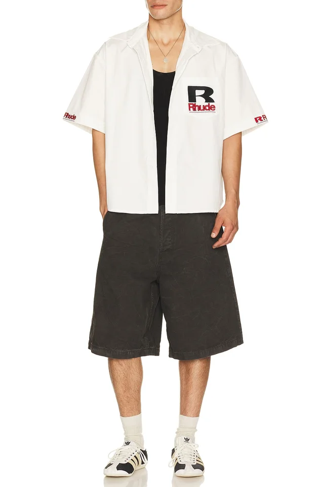 Rhude Petrol Oversized Mechanic Shirt in White, Black, & Red, photo 4 of 6 from REVOLVE (Canada)
