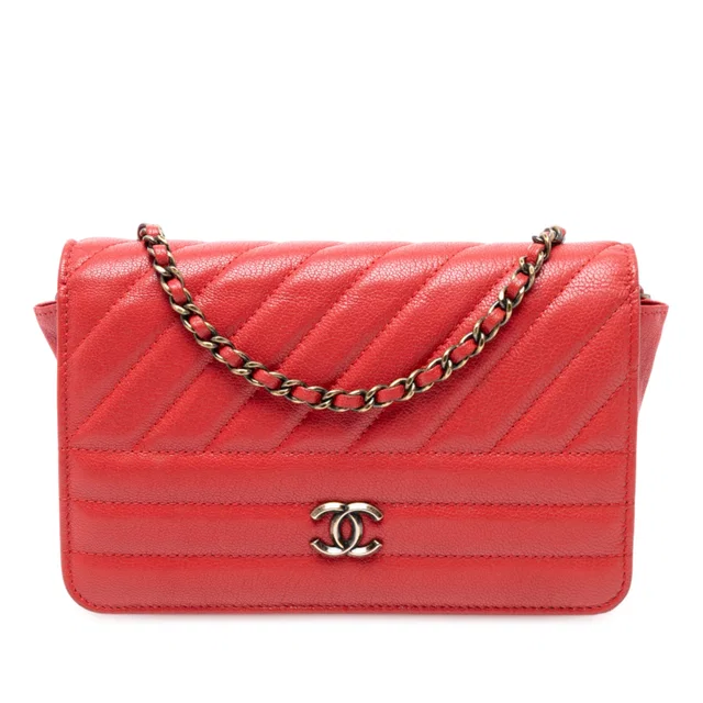 Red Chanel Quilted Goatskin Diagonal Wallet On Chain Crossbody Bag in Red Goatskin from Designer Revival