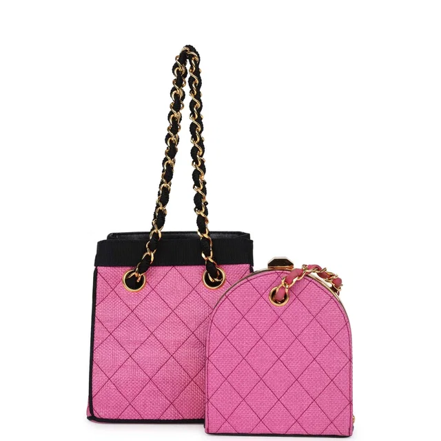 Chanel Vintage Set of Two Mini Bucket Bag & Oval Handbag Pink and Black Raffia Gold Hardware in Black Raffia from Madison Avenue Couture