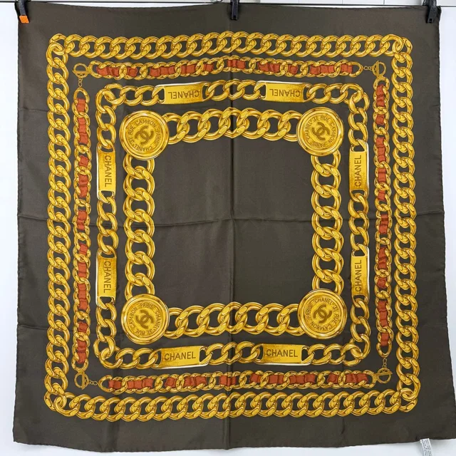 Chanel Chain Pattern CC Logo Silk Scarf Multicolor Vintage in Multicolor Silk from The Reluxe