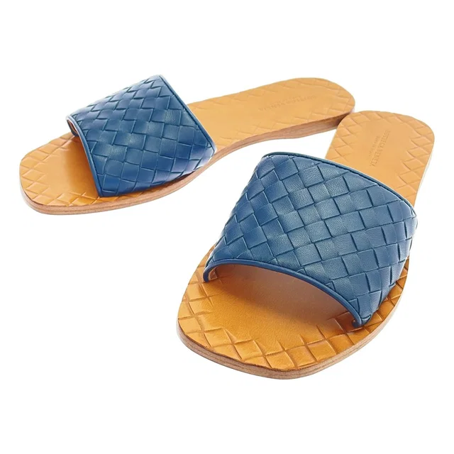Bottega Veneta Intrecha Leather Sandals Blue Brown in Brown Leather from The Reluxe