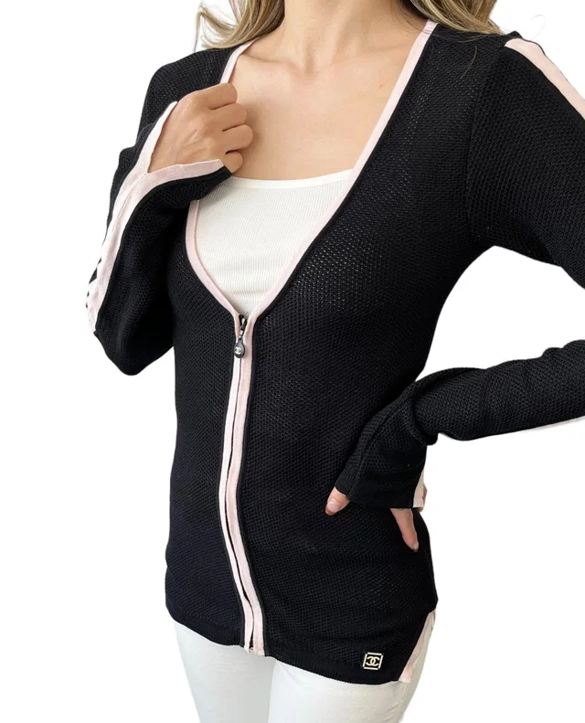 Chanel Sport Vintage 03P CC Logo Mesh Zip Top #38 Knit Cardigan Black RankAB+ in Black from Luxury Promise