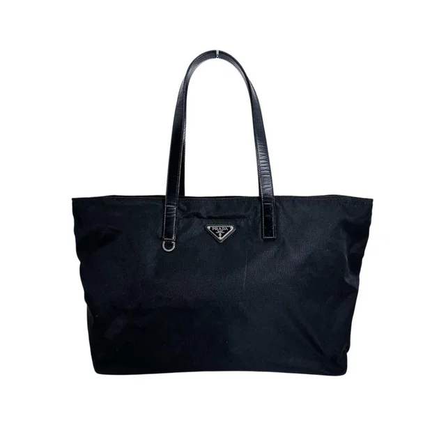 Prada Handbag Triangle Logo Tote Bag Black in Black Nylon from The Reluxe