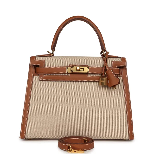 Hermès Kelly Sellier 28 Gold, Ecru, Beige Toile H Canvas Swift Gold Hardware in Beige Swift leather from Madison Avenue Couture