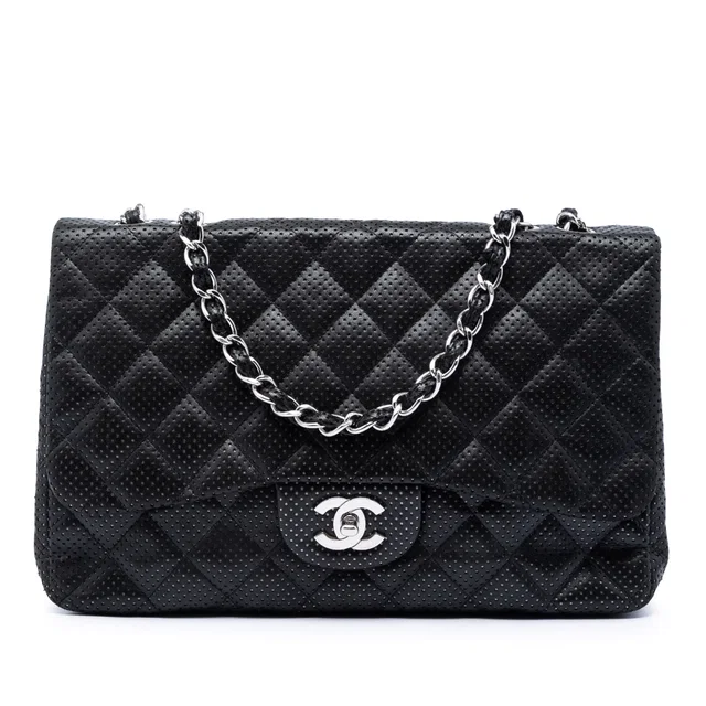 Black Chanel Jumbo Classic Perforated Lambskin Single Flap Shoulder Bag in Black Lambskin from Designer Revival