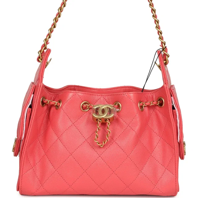 Chanel Mini 25 Hobo Bag Coral Pink Caviar Antique Gold Hardware in Pink Caviar leather from Madison Avenue Couture