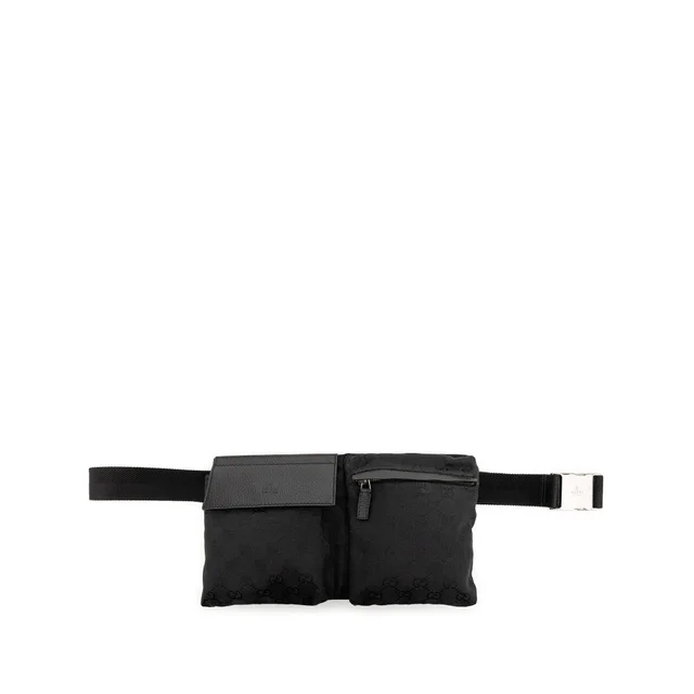 Black Gucci GG Canvas Double Pocket Belt Bag in Black Canvas from Designer Revival