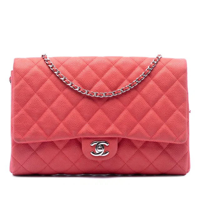 Pink Chanel Quilted Caviar Flap Clutch with Chain Shoulder Bag in Pink Caviar leather from Designer Revival