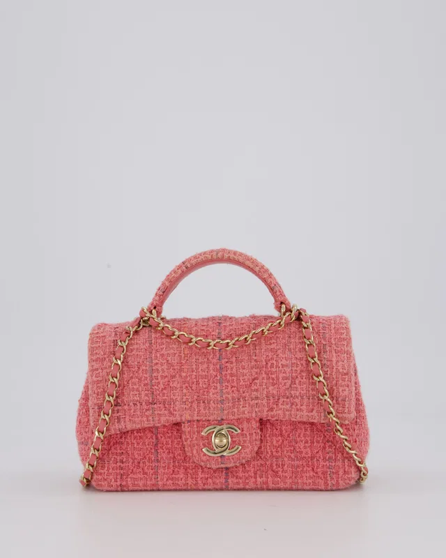 Chanel Pink Tweed Mini Rectangular Top Handle Flap Bag with Champagne Hardware in Pink Tweed from Sellier