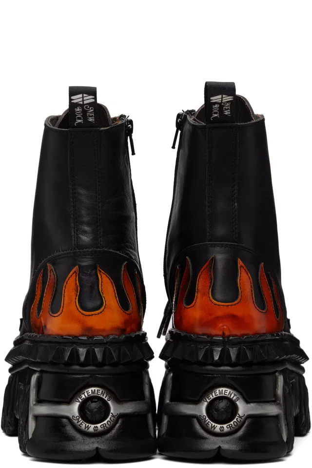 VETEMENTS Black New Rock Edition Flame Combat Boots, photo 2 of 5 from SSENSE