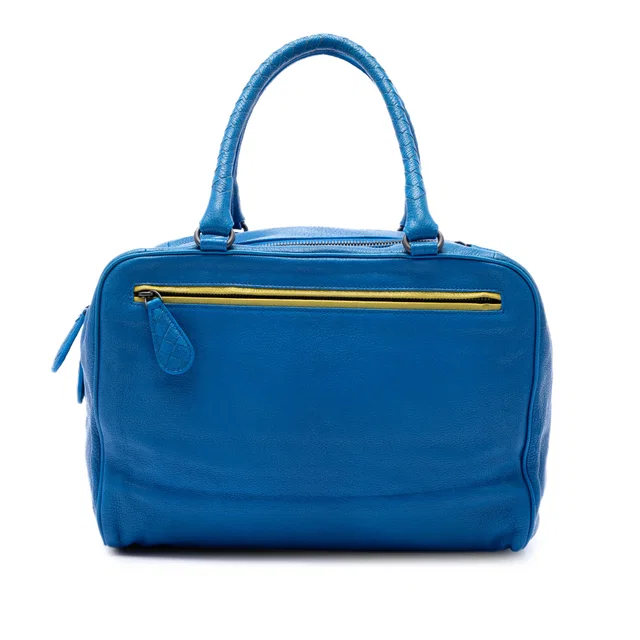 Blue Bottega Veneta Intrecciato Trimmed Medium Goatskin Madras Heritage Brera Handbag in Blue Goatskin from Designer Revival