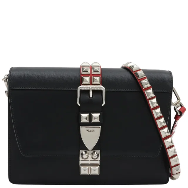 Prada Studded Logo Plate Shoulder Bag Black/Red in Black Leather from VINTAGE QOO TOKYO