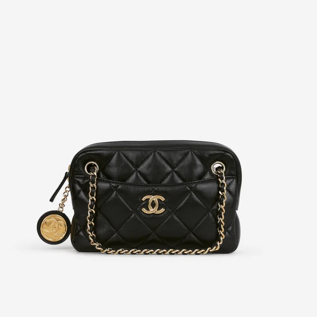 Chanel Mini Camera Case - Black Shiny Lambskin | Gold Hardware in Black Lambskin Leather from Bagista