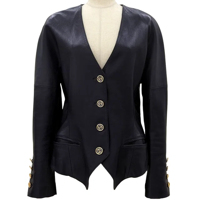 Loewe Leather Anagram Button Collarless Jacket Navy in Navy Leather from VINTAGE QOO TOKYO