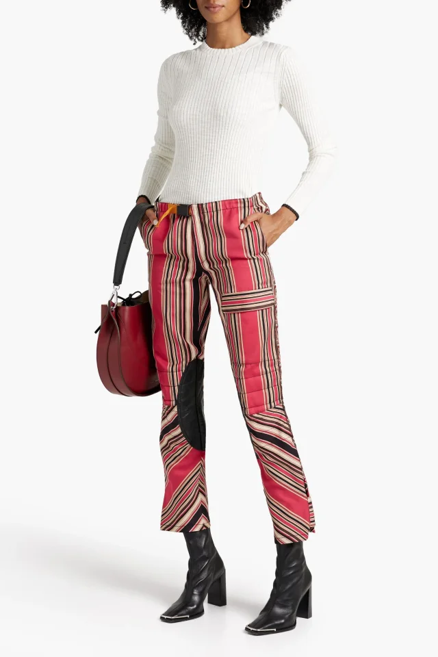 Etro Leather-Trimmed Striped Cotton and Silk-Blend Twill Slim-Leg Pants in Crimson, photo 2 of 4 from THE OUTNET