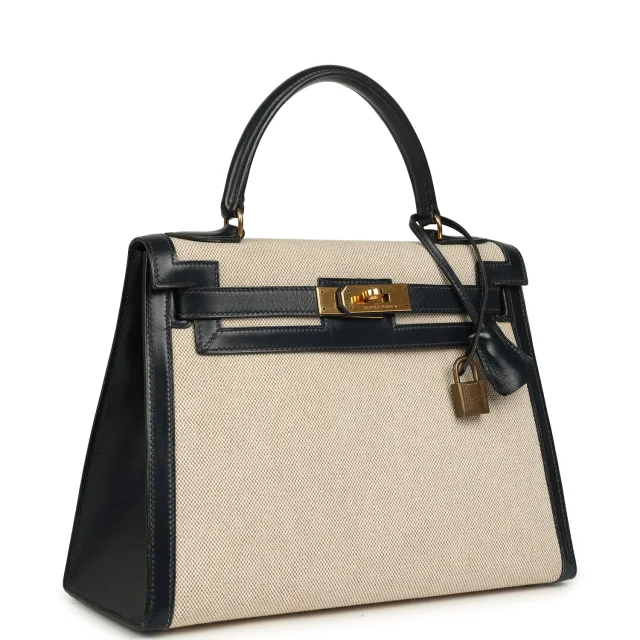 Hermès Vintage Kelly Sellier 28 Bleu Marine Box and Beige-Ecru Toile H Canvas Gold Hardware in Blue Boxcalf/Canvas from Madison Avenue Couture, photo 2 of 4