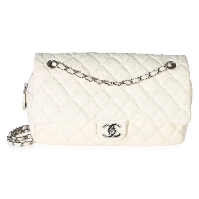 Chanel Cream Quilted Caviar Jumbo Easy Flap Bag in White Caviar leather from myGemma