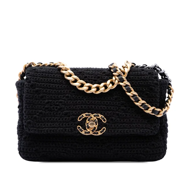 Black Chanel Medium Crochet 19 Flap Satchel in Black Woven leather from Designer Revival