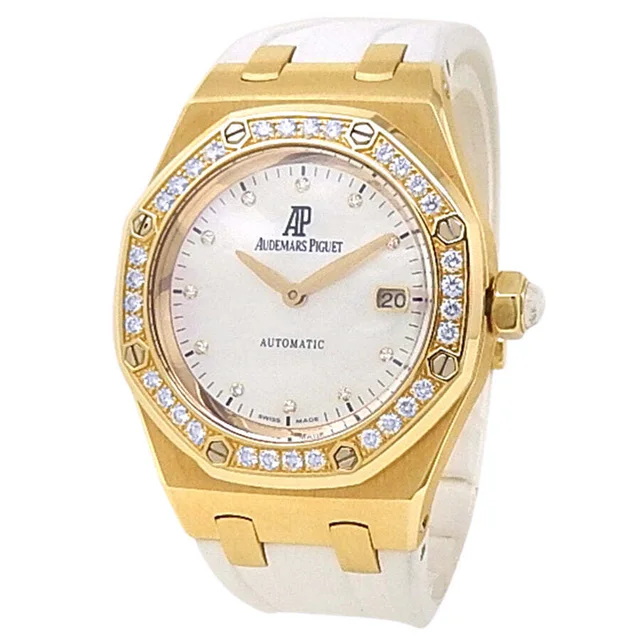 Audemars Piguet Royal Oak Diamond Mother of Pearl Dial Ladies Watch 77321BA.ZZ.D012CR.01 in yellow|gold|white Crocodile from Jomashop.com