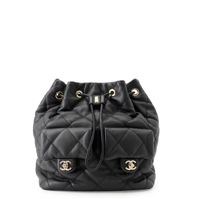Chanel Matelasse Drawstring Double Pocket Backpack BlackAS4342 Calf Leather in Calfskin from GALLERY RARE