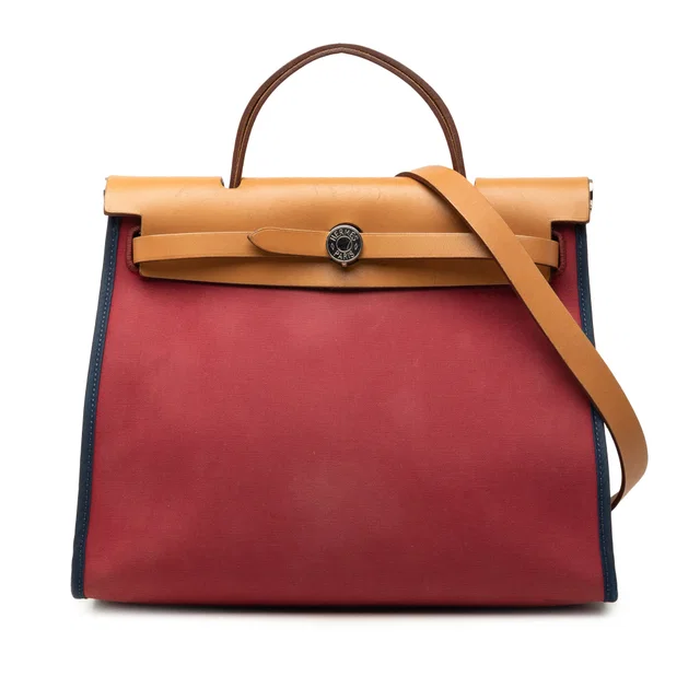 Red Hermès Toile Herbag Zip 31 Satchel in Red Canvas from Designer Revival