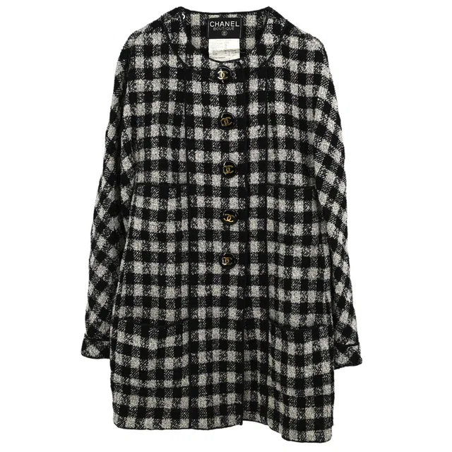 Chanel 1994 Single Breasted Jacket Tweed Check Black Gray #38 in Black Tweed from AMORE Vintage Tokyo