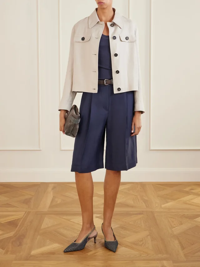 BRUNELLO CUCINELLI Bead-embellished pleated twill shorts in Blue, photo 2 of 2 from NET-A-PORTER (Canada)