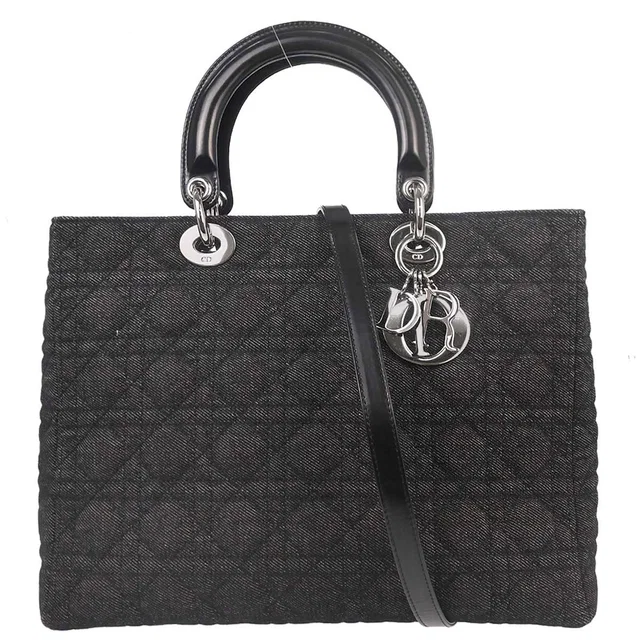 Black Denim Large Lady Dior Cannage 2way Shoulder Handbag in Black Denim from AMORE Vintage Tokyo