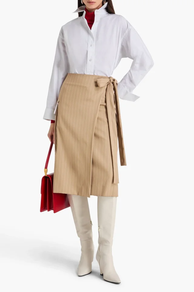 Victoria Beckham Pinstriped Virgin Wool-Twill Wrap Skirt in Sand, photo 2 of 4 from THE OUTNET