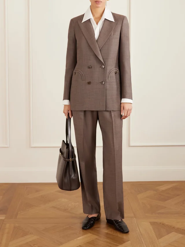 BLAZÉ MILANO Aile Fox pleated wool and mohair-blend straight-leg pants in brown 88% Virgin Wool 12% Mohair, photo 2 of 5 from NET-A-PORTER (Canada)