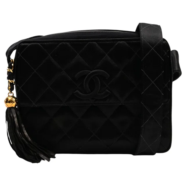 Chanel Circa 1992 Satin Tassel CC Mark Shoulder Bag Black in Black Satin from VINTAGE QOO TOKYO