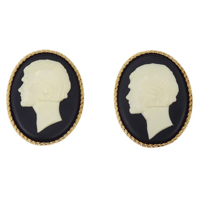 Chanel Cameo Oval Clip-On Earrings Gold in Gold Resin from AMORE Vintage Tokyo