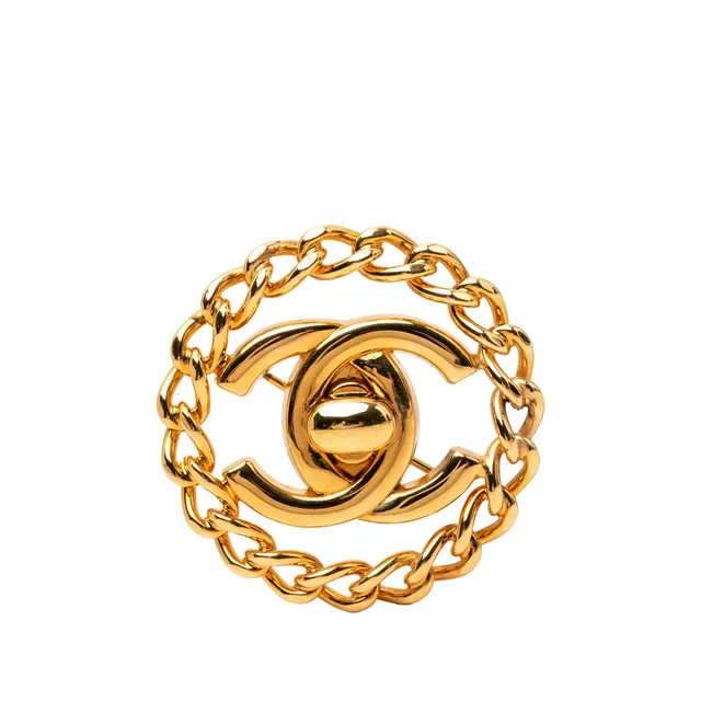 Gold Chanel CC Gold Plated Turn Lock Chain Round Brooch in Gold from Designer Revival