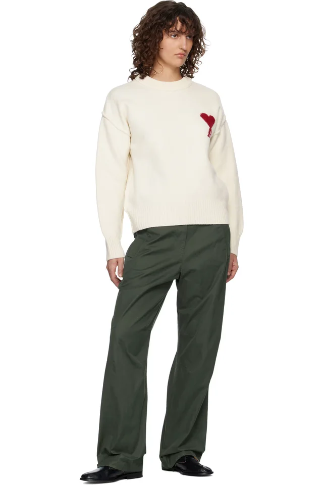 AMI Paris Off-White Wool Crewneck Ami de Coeur Sweater, photo 4 of 4 from SSENSE