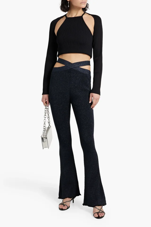 3.1 Phillip Lim Marlet Cutout Metallic Ribbed-Knit Flared Pants in Midnight blue, photo 2 of 4 from THE OUTNET