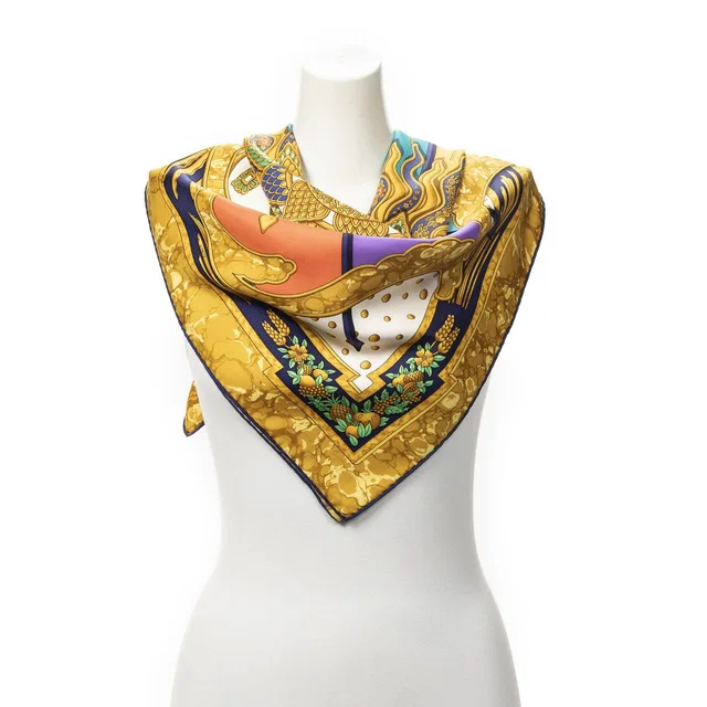 Hermès Scarf Navy Gold Red Twill Silk in Red Silk from The Reluxe