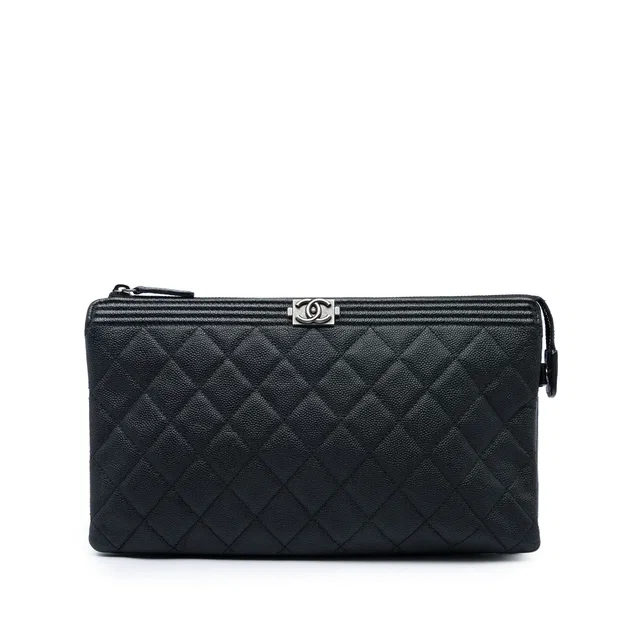 Black Chanel Quilted Caviar Boy O Case Zip Clutch in Black Caviar leather from Designer Revival