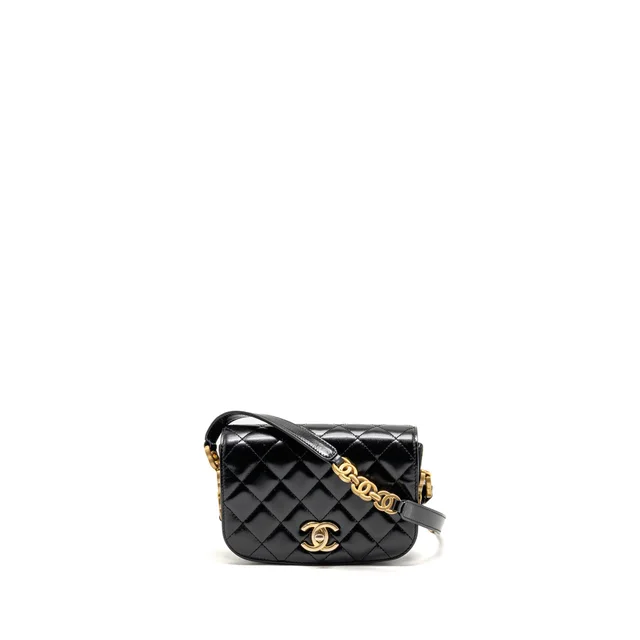 Chanel Crossbody Mini Flap Bag CC Logo Strap Calfskin Black Brushed GHW (Microchip) in Black Calfskin from EMIER